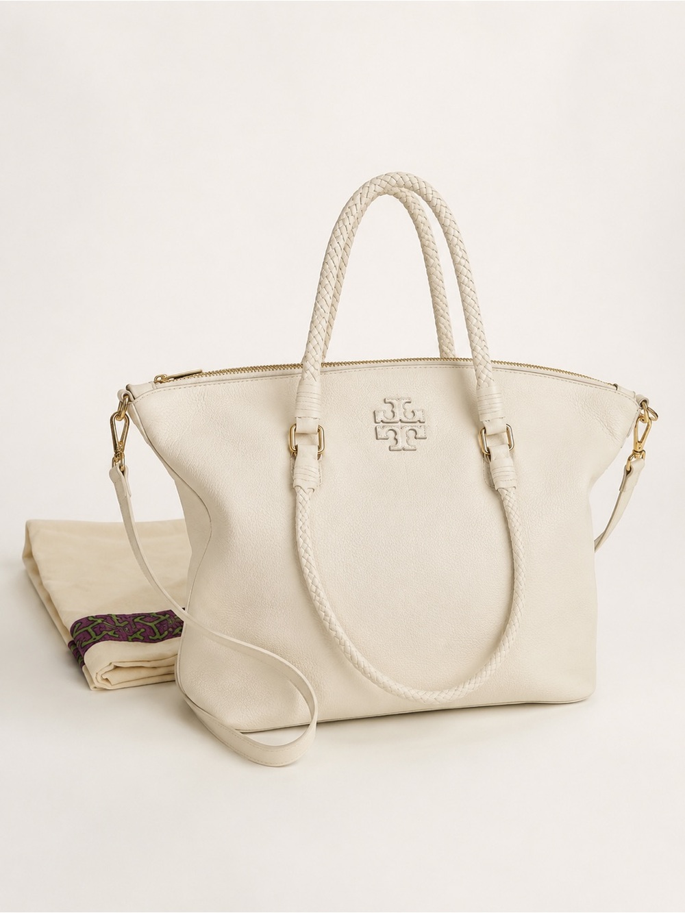 Tory Burch Ivory Pebbled Leather Satchel Crossbody Bag + Dust Bag